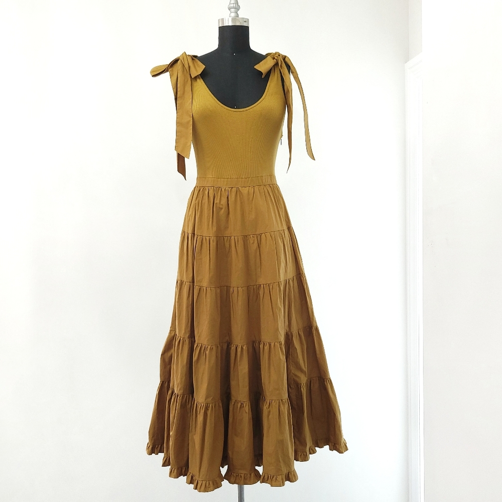 Ulla Johnson Hope Rib Knit Cotton Popplin Ruffle Tiered Maxi Dress Tapen… - Picture 3 of 16